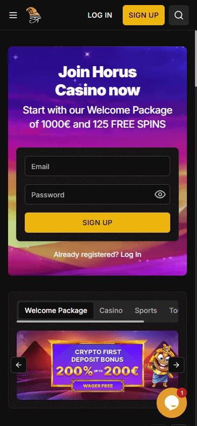 Horus Casino mobile browser home with casino, live casino, sportsbook and account access