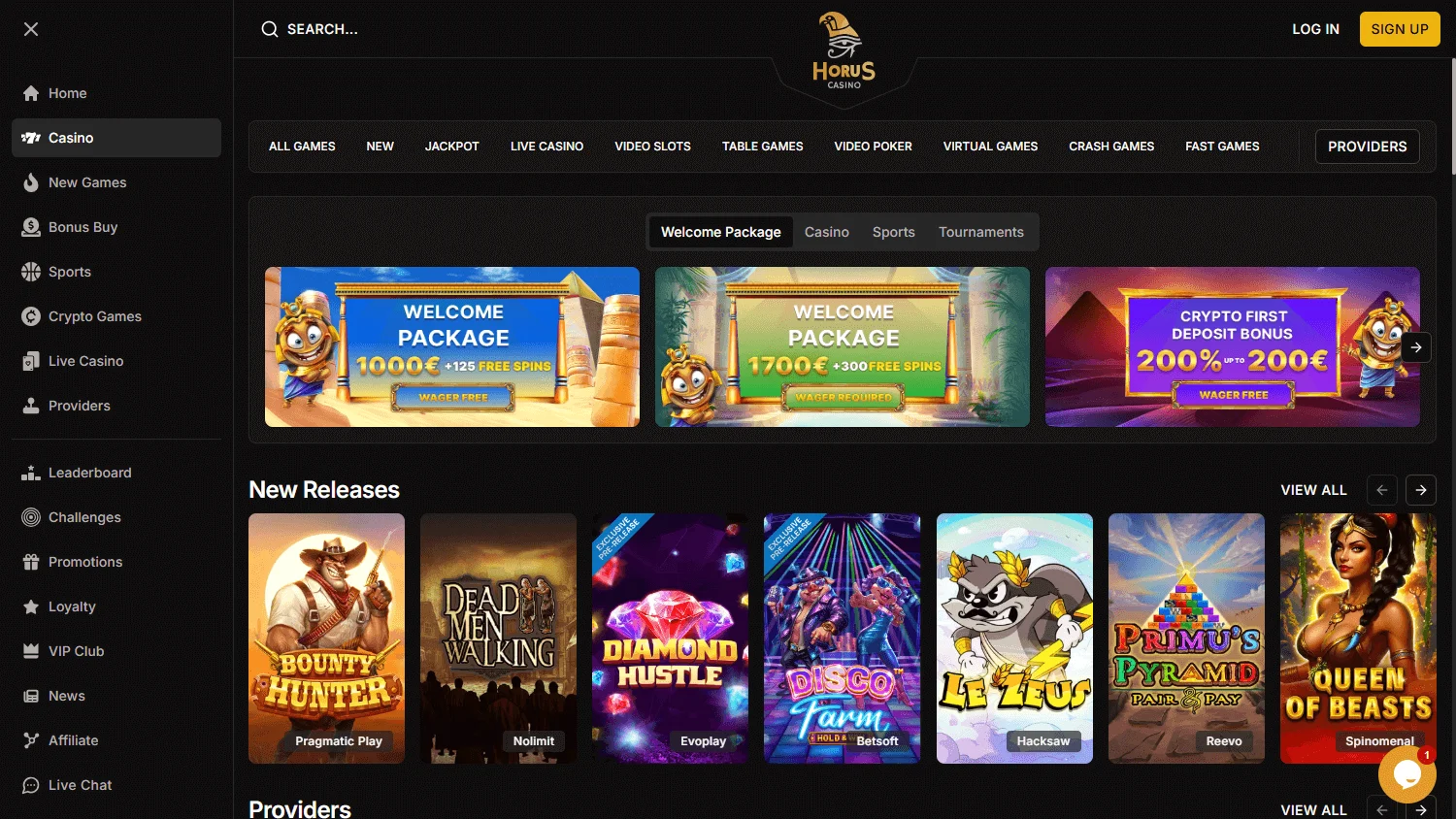 Horus Casino desktop games catalogue with pokies, live casino and other game categories
