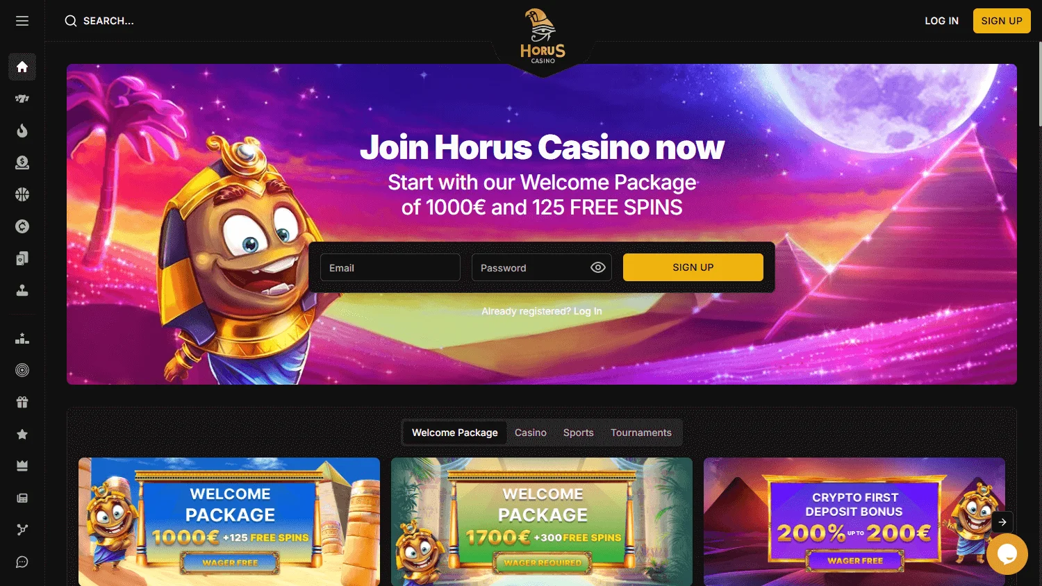 Horus Casino desktop home with casino, live casino, sportsbook and promotional access