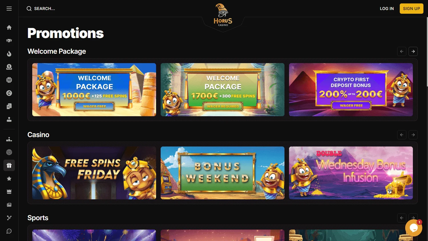 Horus Casino desktop promotions with no-deposit spins, deposit offers and prize promotions